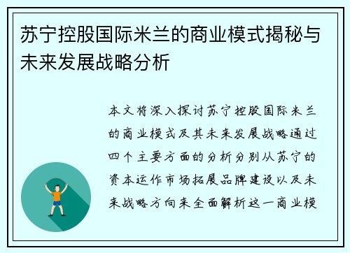 苏宁控股国际米兰的商业模式揭秘与未来发展战略分析