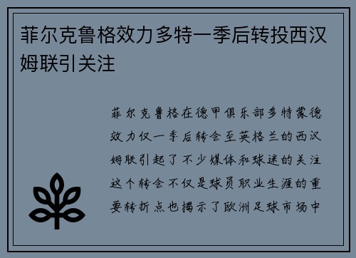 菲尔克鲁格效力多特一季后转投西汉姆联引关注