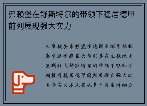 弗赖堡在舒斯特尔的带领下稳居德甲前列展现强大实力